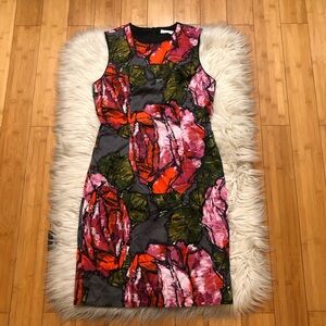 Trina Turk Floral Abstract Artsy Sleeveless Red Green Sheath Dress size 6